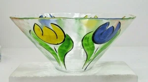 VTG Hand Painted Tulip Floral Salad Glass Bowl 11 1/2" - Picture 1 of 3