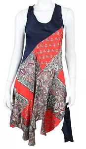 Vestido recto CHLOE Rising rojo estampado cachemir y satinado azul marino asimétrico línea A 34 - Imagen 1 de 5