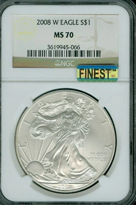 2008 W SILVER EAGLE NGC MS70 PQ MAC FINEST GRADED MAC SPOTLESS . - Image 1 of 2