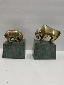 Wall Street Bear and Bull Brass Bookend Set Stock Market Heavy Marble Base - Picture 1 of 9