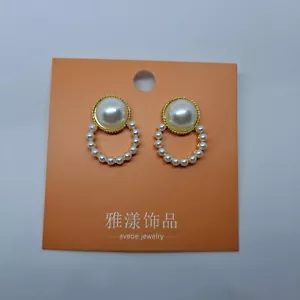 Pearl Earrings Gold Tone Setting Needle Eye Pearl Dropped - Picture 1 of 7
