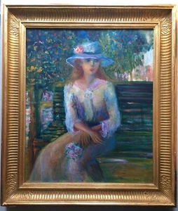 French Impressionism - Oil painting - Portrait of a Woman sitting on a Bench - Picture 1 of 11