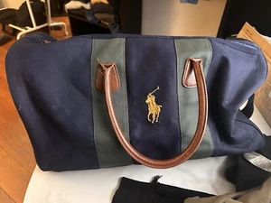 Vintage Ralph Lauren RL Navy Blue & greenCanvas & Leather Duffle Bag /Travel Bag - Picture 1 of 4