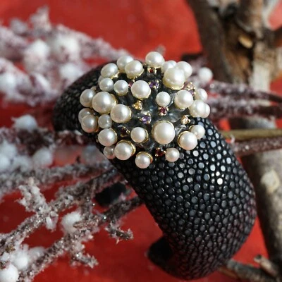 Perl Rochenleder Armreif CRAZY MOOD 925er Silber mit farbigen Saphiren - Bild 1 von 4