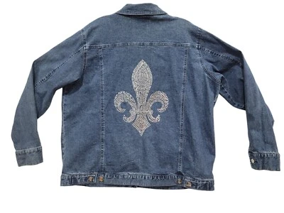Quacker Factory Denim Blue Jean Jacket Embellished Sequins Fleur-de-Lis Size L - Image 1 of 4