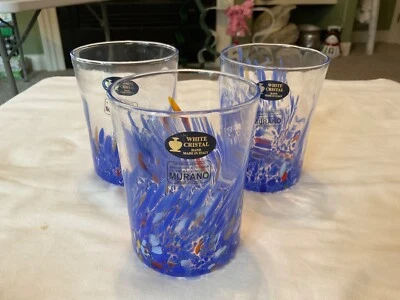 3 vasos Rocks de cristal transparente y azul de Murano 14 oz soplados a mano Foto 1 de 4
