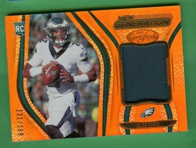 JALEN HURTS 2020 CERTIFIED ROOKIE NEW GENERATION RELIC MATERIAL /299 EAGLES - Image 1 of 2