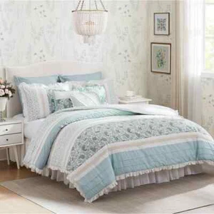 ¡NUEVO!~ ACOGEDOR JUEGO DE EDREDÓN DE ENCAJE CON VOLANTES SHABBY CHIC COUNTRY FRANCÉS BLANCO AQUA AZUL - Imagen 1 de 10