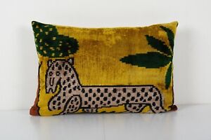 Tiger Design Gold Ikat Velvet Pillow, Animal Printed Floral Lumbar Pillows