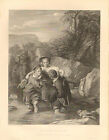Galanterie, Gentlemen, & Lady, Fording A Stream, impression d'art antique vintage, 1852.