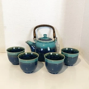 Teavana Stoneware Tea Set Teapot Azure Blue Green 4 Cups Bamboo Handle Japan Pot - Picture 1 of 8