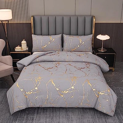  Gray Comforter, Grey and Gold Marble Bedding Set, 3 Pcs Luxury Comforter for  - Image 1 of 4