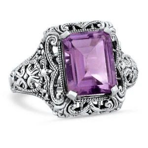 GENUINE BRAZILIAN AMETHYST 925 STERLING SILVER CLASSIC ART DECO STYLE RING  452X - Picture 1 of 4
