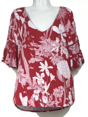 Witchery Top Blouse Womens S 10 Red Floral Flowers Spring V Neck Bell Sleeves - image 1 of 4
