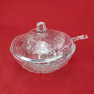 Patrón de rosa transparente de vidrio cortado con tapa de azúcar/tazón de fruta con cuchara de vidrio - Imagen 1 de 9