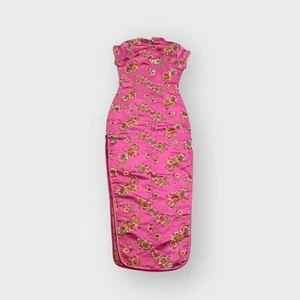 Pink Fuchsia Gold Floral Flowers Silky Satin High Slit Qipao Chinese Dress - Picture 1 of 9