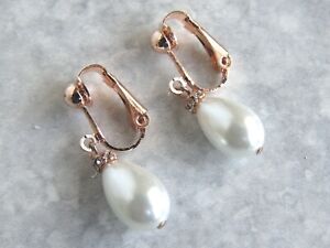 Rose Gold Plated White Teardrop Pearl Clip On Earrings (mj9)
