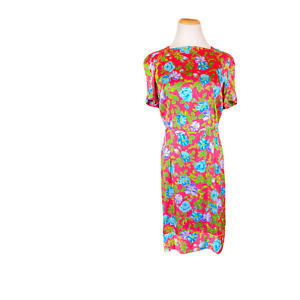 Nina Ricci FR 40 US 8 Silk Short Sleeve Dress Vibrant Pink Floral Print