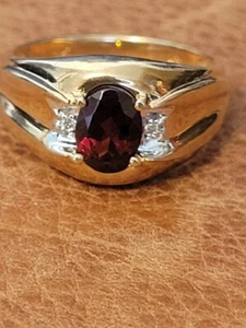 Mens Natural Genuine Garnet and Diamond Ring 10K Yellow Gold Size 9.25 - Picture 1 of 18