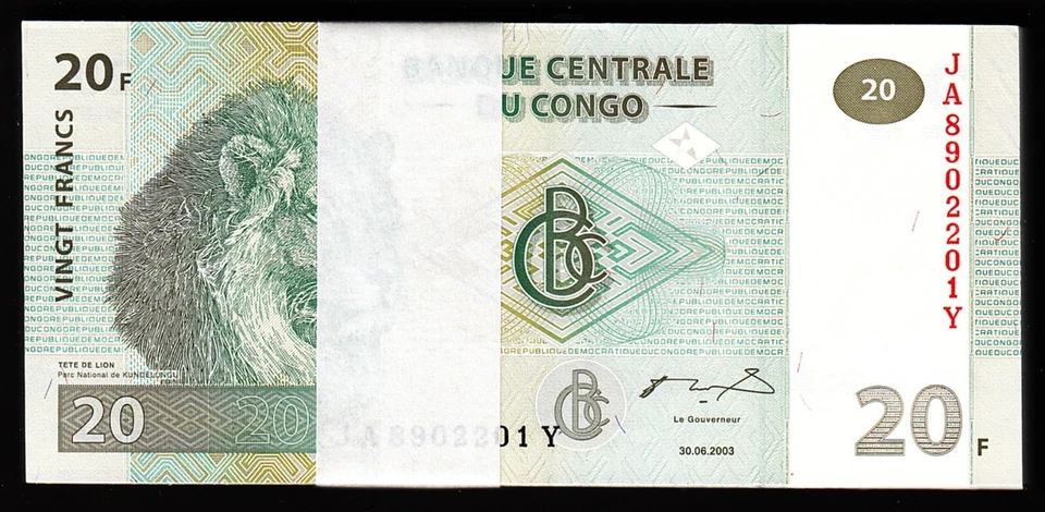 Congo 20 Francs 2003, UNC, BUNDLE, Pack of 100 PCS, Consecutive, P-94a - Image 1 of 4