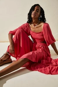 Free People Cross My Heart Maxi Smocked Cutout Balloon Sleeve Tiered Dress S NWT - Picture 1 of 9