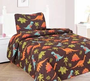 Sauropods T-Rex Dinosaur Brown Kid Boy Soft Bedspread Coverlet Quilt Shams 2/3PC - Picture 1 of 3