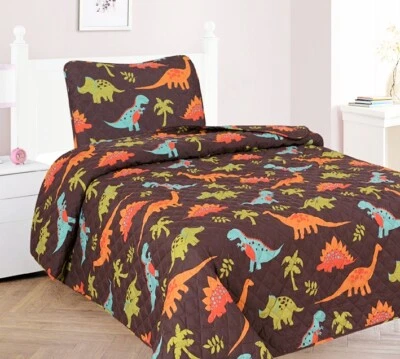 Sauropods T-Rex Dinosaur Brown Kid Boy Soft Bedspread Coverlet Quilt Shams 2/3PC