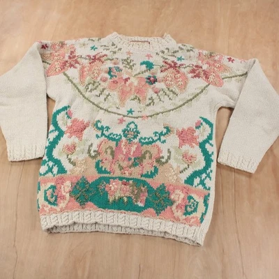 CRISTAL KOBE Floral Grueso Tejido a Mano Abuela Suéter GRANDE De Colección Años 90 Cottagecore Foto 1 de 4