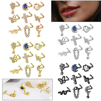 9pcs/lot CZ Surgical Steel Nose Rings L Shaped Stud Body Piercing Jewelry 20G - Image 1 of 4