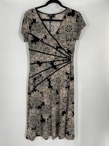 CONNECTED BLACK/BEIGE FLORAL DRESS SIZE 8 A-LINE SHORT SLEEVE MIDI STRETCH Y2K - Picture 1 of 9