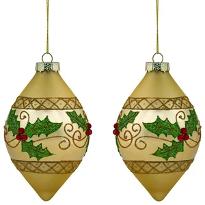 Northlight Set of 2 Golden Glitter Holly Finial Christmas Glass Ornaments 5" - Picture 1 of 5