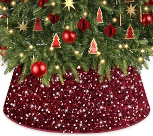 Burgandy Christmas Tree Collar 26 Inch Sequin Xmas Tree Skirt Hexagon Felt Small - Picture 1 of 11