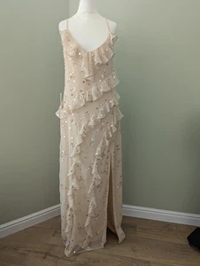 Lipsy Champagne Gold Sequin Ruffle Strappy Maxi Dress Size 10 new with tags - Picture 1 of 20