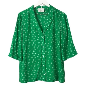 Just Female Elvira Green Bird Print Button Down Viscose Shirt Women Sz S - Picture 1 of 5