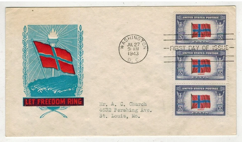 1943 WW2 Patriotic FDC STRIP OF 3 OVERRUN COUNTRIES 911 NORWAY FLAG - Image 1 of 1