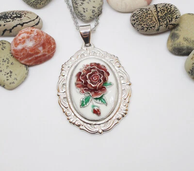  Ciondolo in Argento 925 Vintage con Rosa Smaltata - Immagine 1 di 4