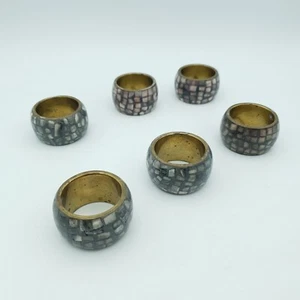 Vintage Indian Napkin Rings set of six Shell mosaic inlay around brass tableware - Picture 1 of 16