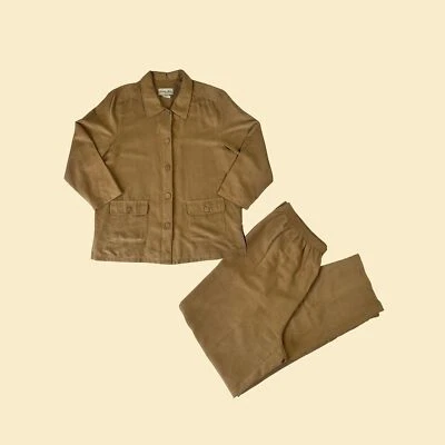 Vintage XL 90s Cindy Bai marrón imitación gamuza/terciopelo conjunto de dos piezas pantalón y camisa Foto 1 de 4