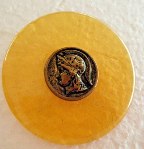 Vtg picture button Apple Juice Bakelite amber color w brass button warrior 2" Cover