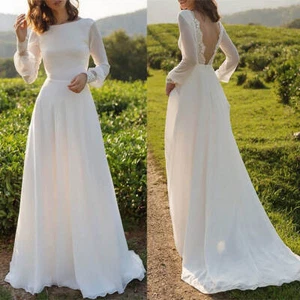 Wedding Dresses Long Sleeves Boat Neck Backless Ruffles A Line Lace Train - Picture 1 of 13