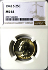 1942 S 25c Washington Silver Quarter Dollar NGC MS64 Brilliant Uncirculated