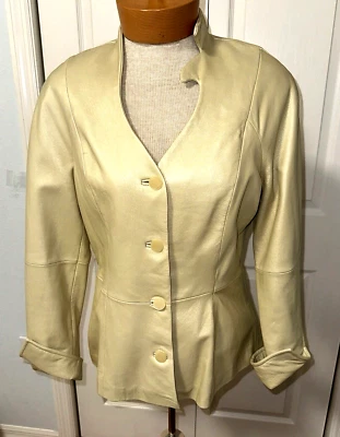 Terry Lewis 100% Leather Jacket Women's Sz 6 Gold Pearlized Metallic Button Down - Imagem 1 de 4