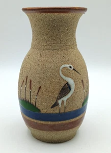 Vintage Tonala Folk Art Crane Cattail Mexico Sandstone Art Pottery Vase Signed - Picture 1 of 9