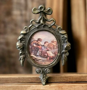 Italian Bronze Ornate Frame with Glass Boy & Girl Sled Victorian Art vintage - Picture 1 of 6