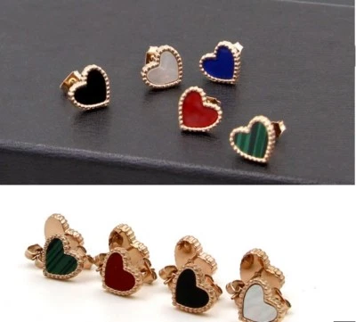Women Love Heart Spade Rose Gold Stainless Steel Shell Onyx Stud Earrings PE49 - Image 1 of 4
