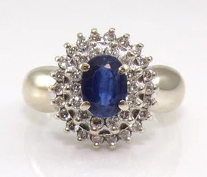 14K White Gold Natural Blue Sapphire & Diamond Double Halo Ring Size 7 LMC2 - Picture 1 of 7