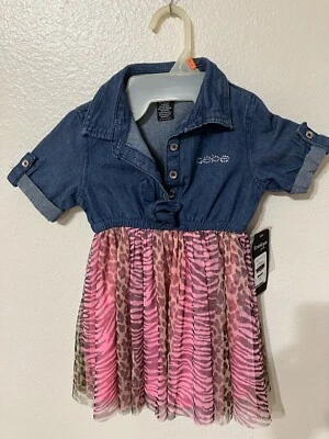 Vestido jeans Bebe meninas 3T com zebra rosa chita tutu - Imagem 1 de 4