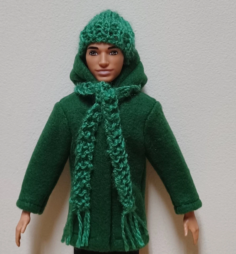 Ken 12" Doll Clothing Green Fleece Jacket plus hand knit Emerald Hat and Scarf - Image 1 of 1