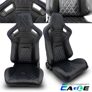 JDM Universal Black PVC Blue Line Racing Seats Left&Right w/Slider Pair - Picture 1 of 7