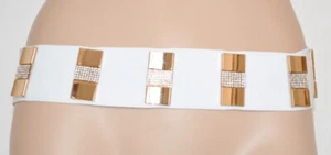 Cintura donna bianca fibbia oro dorata strass stringivita elastica a molla U20X - Foto 1 di 2